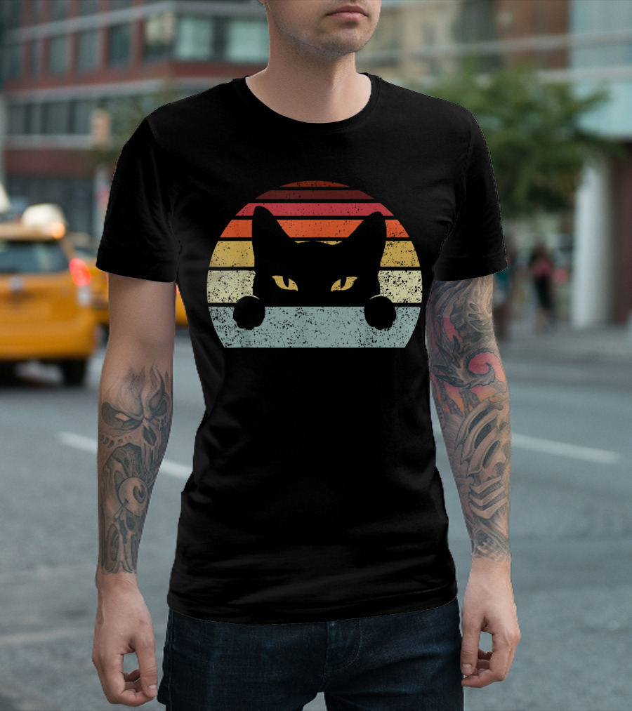 Vintage Black Cat Retro Sunset Style Cats In T-Shirt