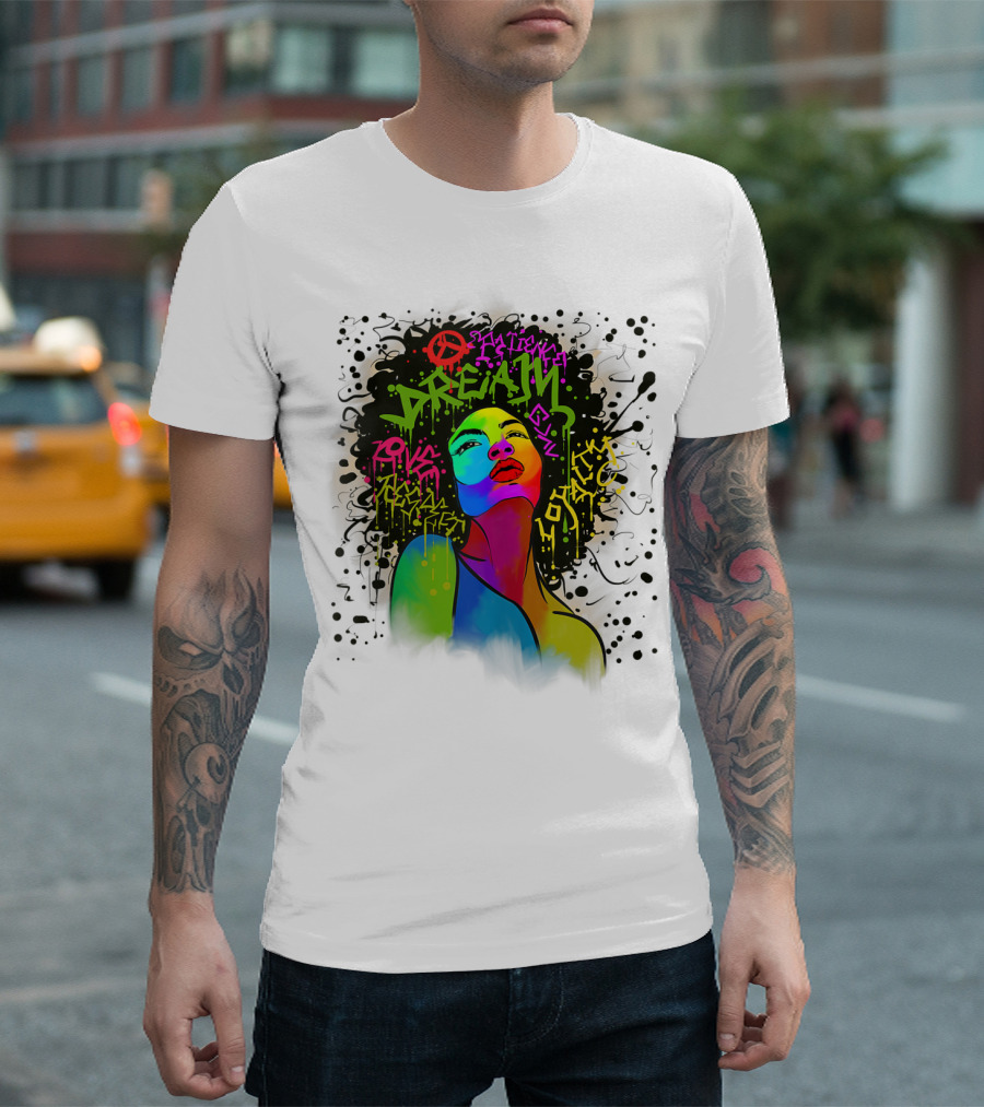 Dream Pink Blue Orange Classic Peace Afro Black Women Graffiti T-Shirt