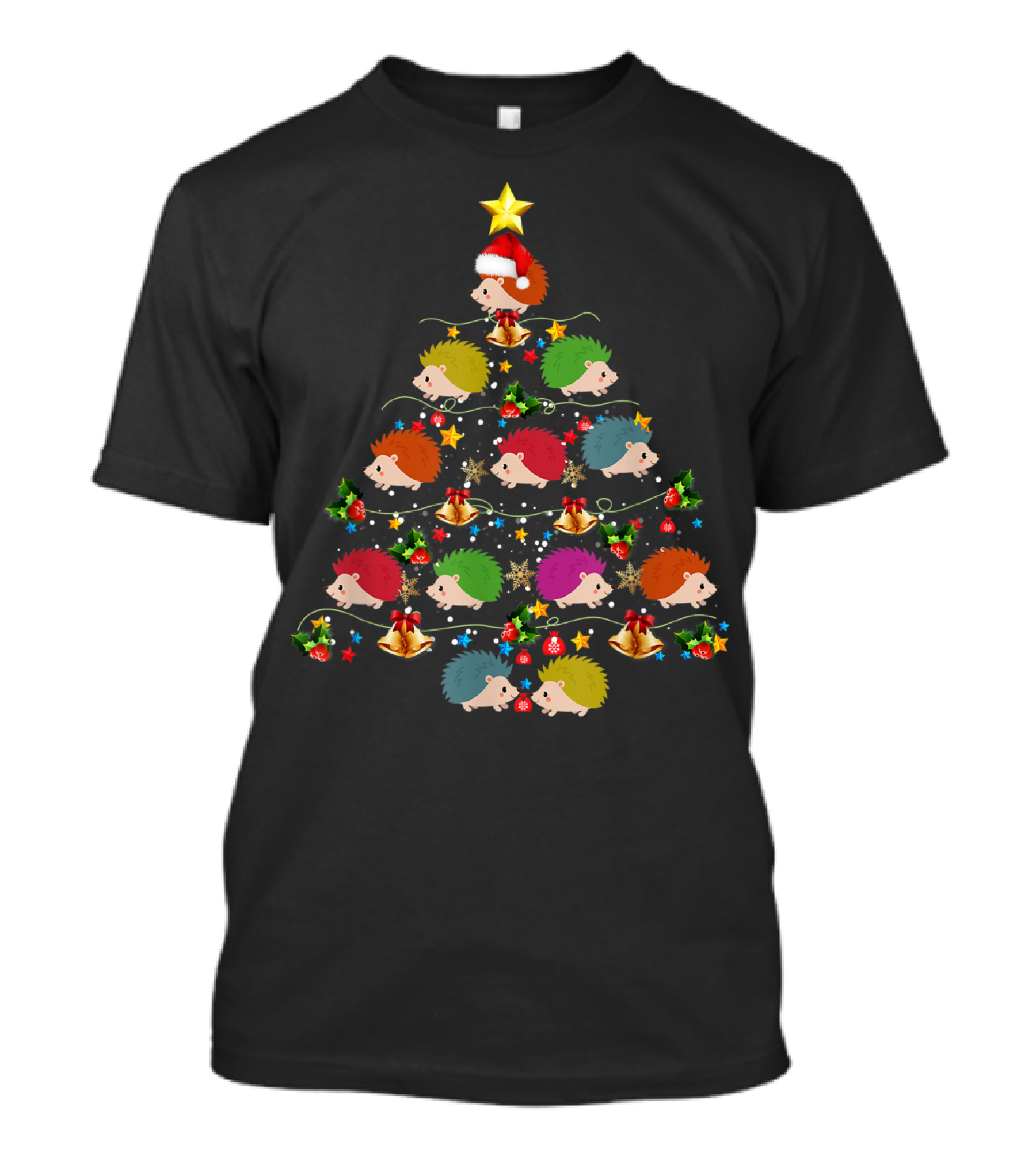 Funny Hedgehog Christmas Tree Ornament Decor With Santa Hat And Star T-Shirt