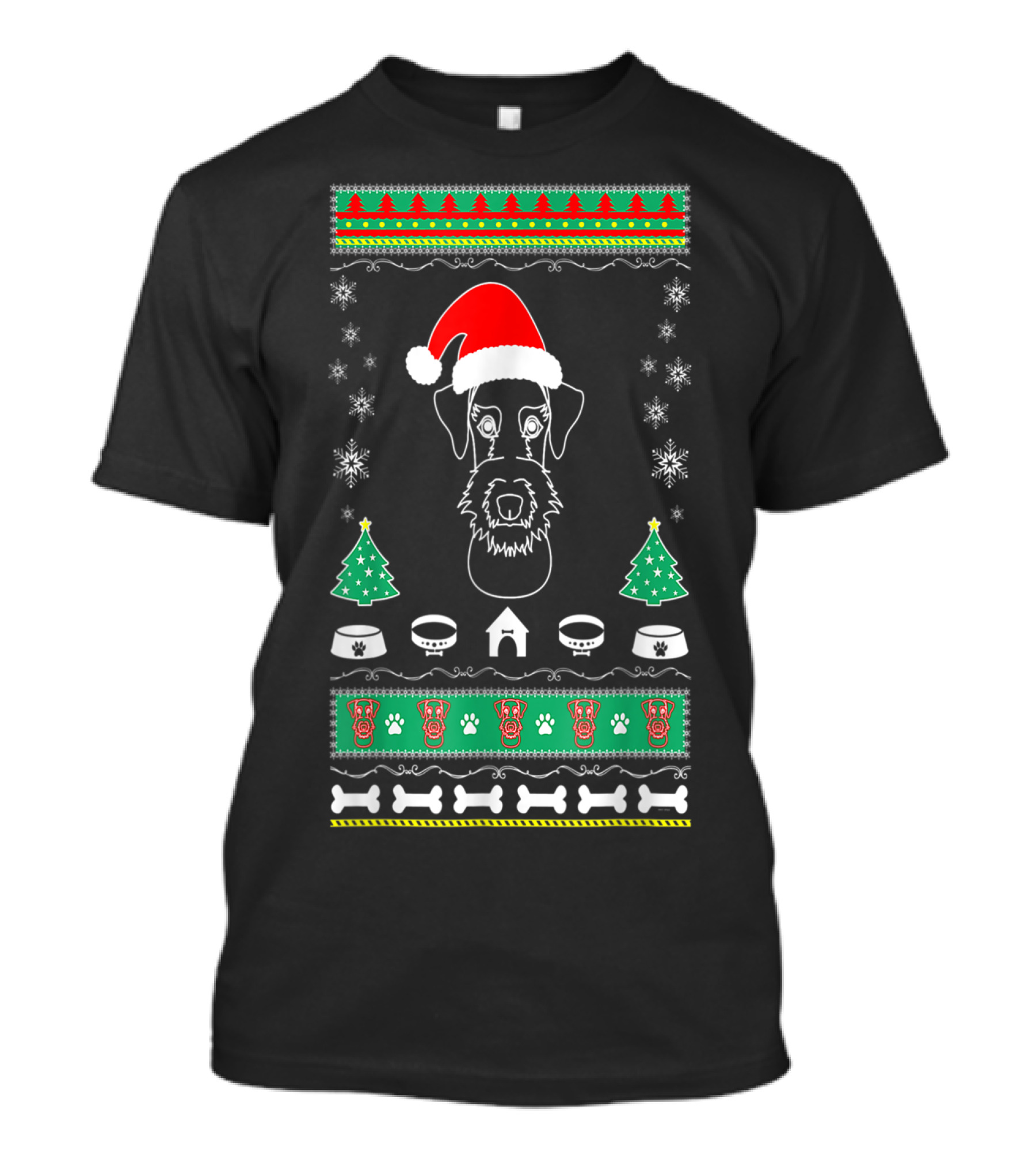 Airedale Terrier Puppy Christmas Santa Hat Winter Holiday Snowflakes Christmas Trees Dog Paw Bones T-Shirt