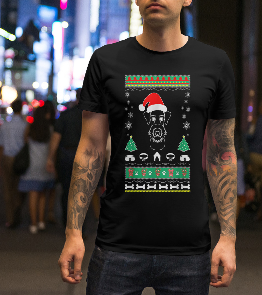Airedale Terrier Puppy Christmas Santa Hat Winter Holiday Snowflakes Christmas Trees Dog Paw Bones T-Shirt