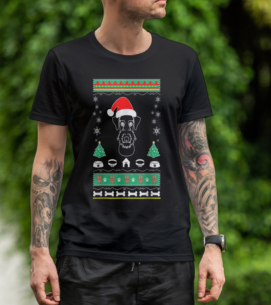 Airedale Terrier Puppy Christmas Santa Hat Winter Holiday Snowflakes Christmas Trees Dog Paw Bones T-Shirt