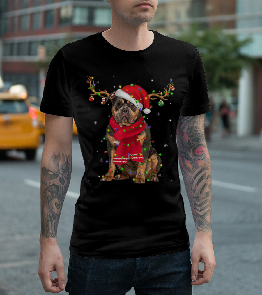 American Pit Bull Terrier Christmas Reindeer Red Scarf Santa Hat Decorations T-Shirt