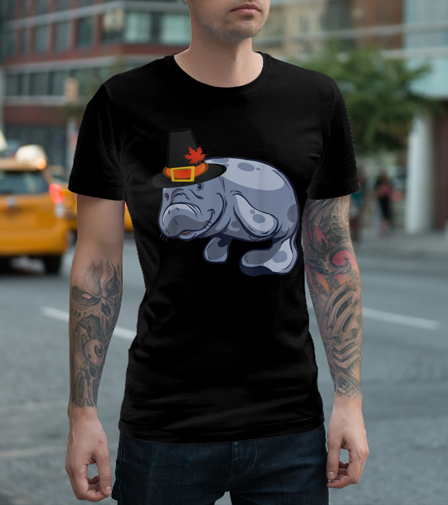 Autumn Thanksgiving Pilgrim Hat Manatee Sea Cow T-Shirt
