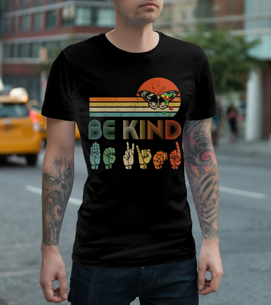 Be Kind Kindness Butterfly Puzzle Sign Language Retro Sunset T-Shirt