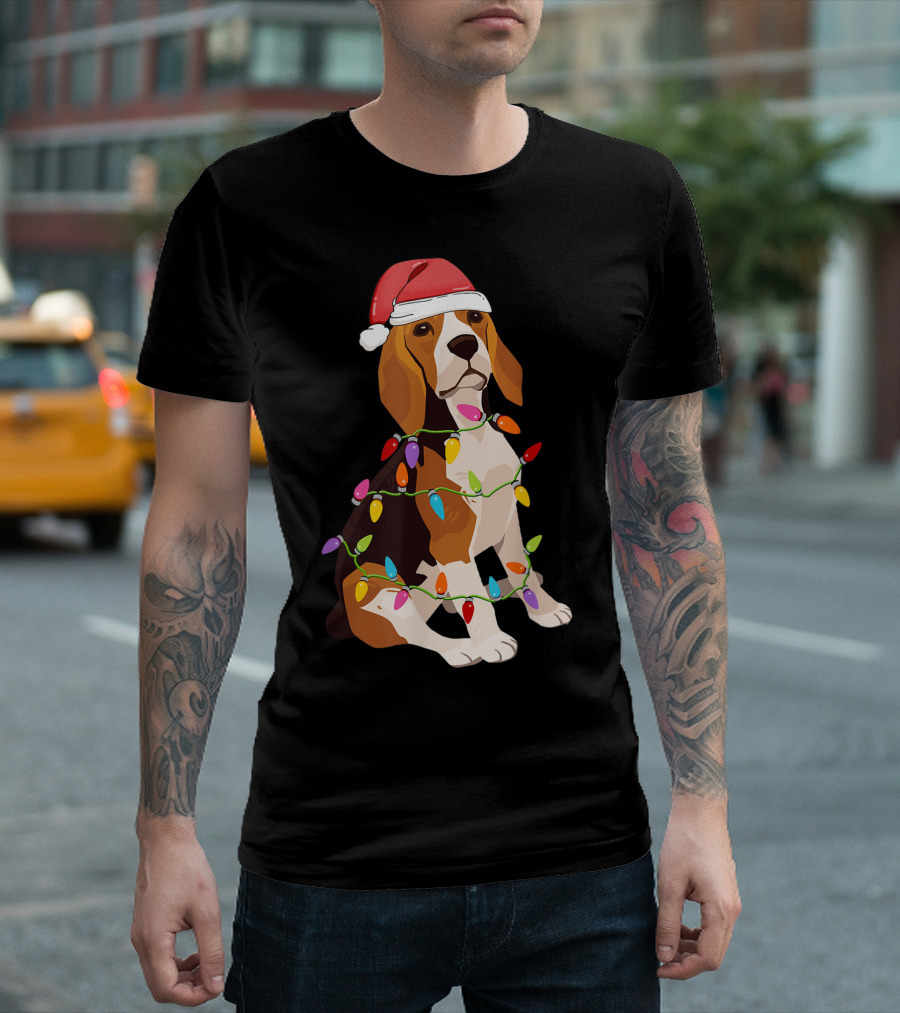 Beagle Dogs Christmas Lights Santa Hat T-Shirt