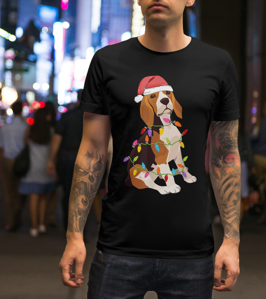 Beagle Dogs Christmas Lights Santa Hat T-Shirt