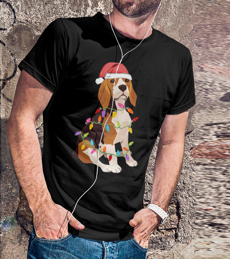Beagle Dogs Christmas Lights Santa Hat T-Shirt