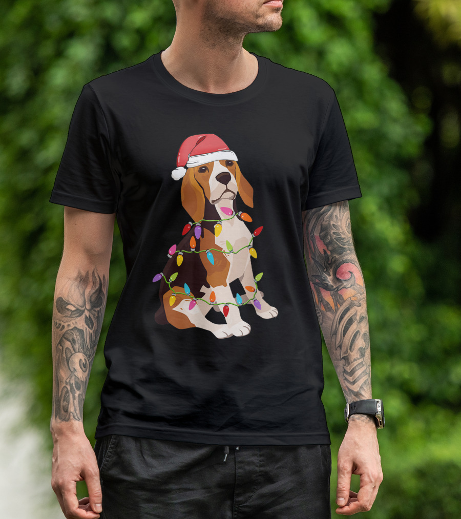 Beagle Dogs Christmas Lights Santa Hat T-Shirt