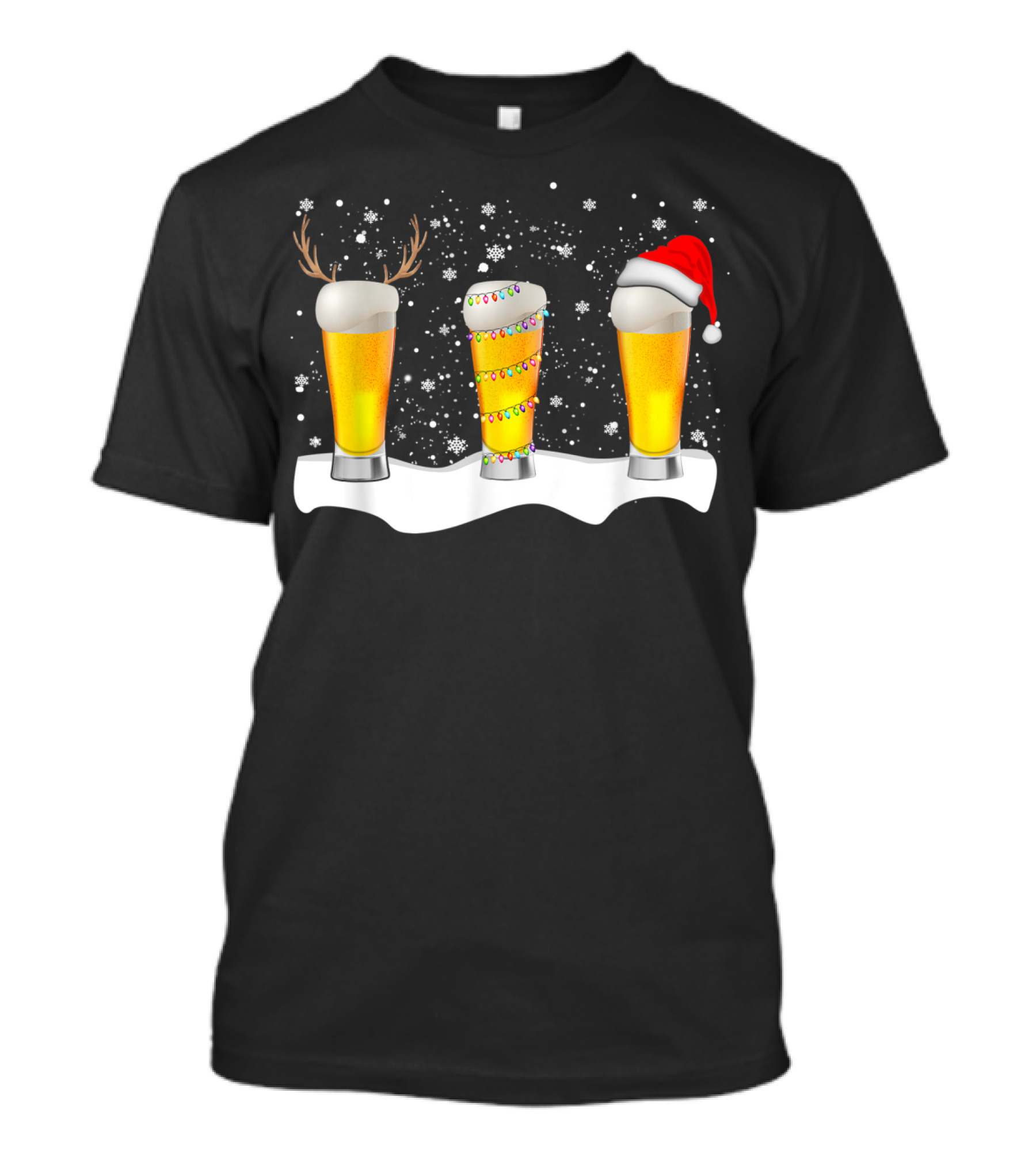 Beer Christmas Santa Reindeer Xmas Lights Snowflakes T-Shirt