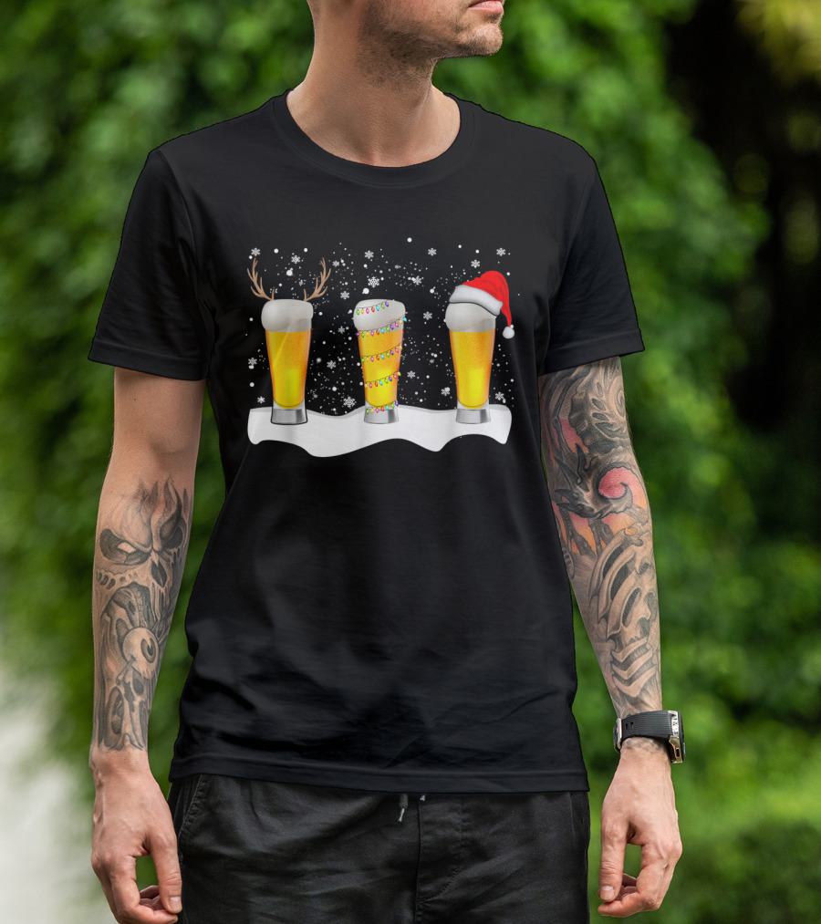 Beer Christmas Santa Reindeer Xmas Lights Snowflakes T-Shirt
