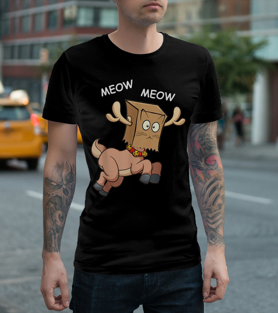Christmas Cat Funny Meow Reindeer Antlers Bag Head T-Shirt