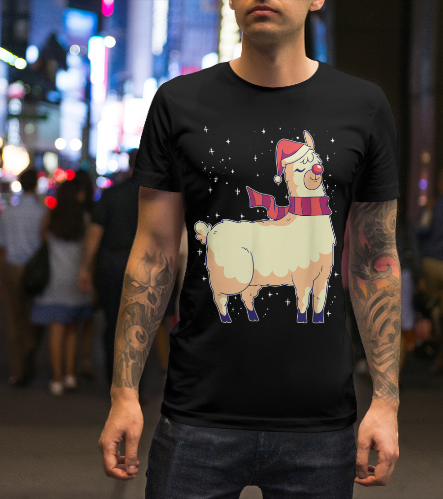 Cool Christmas Alpaca Santa Hat Red Nose T-Shirt