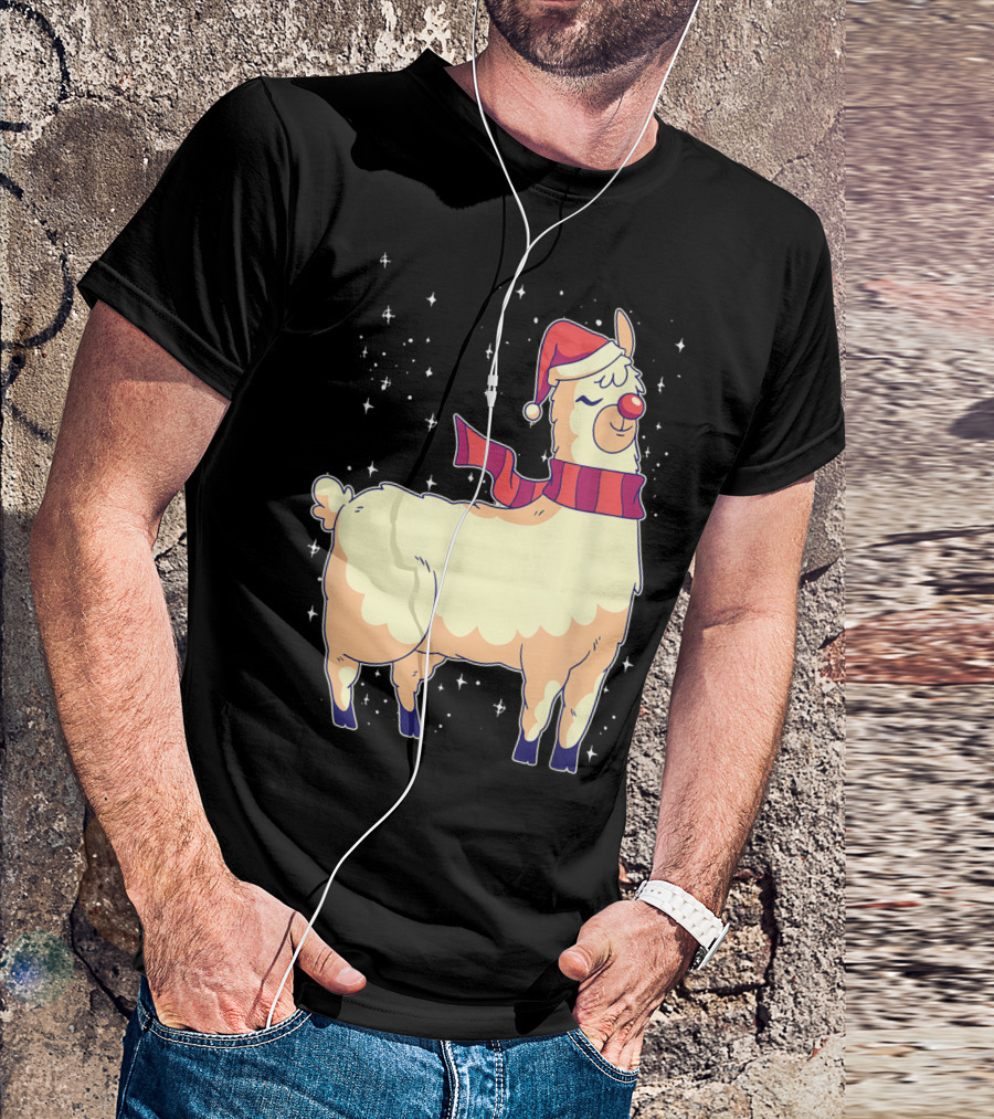 Cool Christmas Alpaca Santa Hat Red Nose T-Shirt