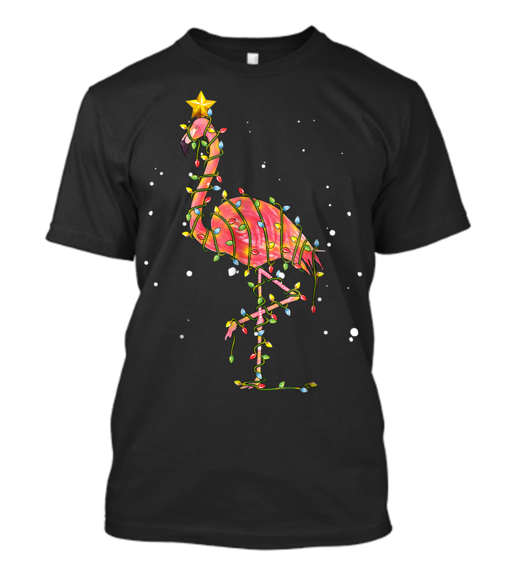 Pink Flamingo Wrapped In Festive Christmas Lights With Starry Night Background T-Shirt