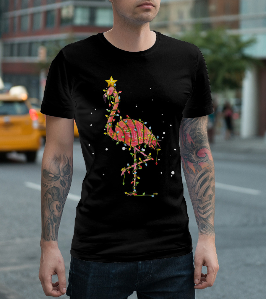 Pink Flamingo Wrapped In Festive Christmas Lights With Starry Night Background T-Shirt