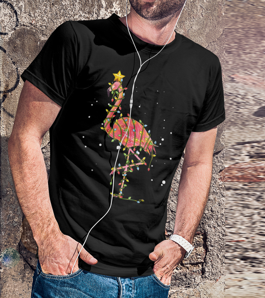 Pink Flamingo Wrapped In Festive Christmas Lights With Starry Night Background T-Shirt