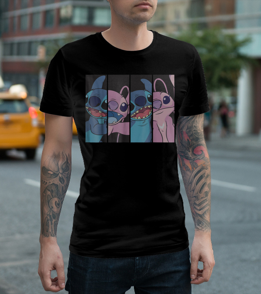 Lilo And Stitch Boxed Split Panels Faces Blue Pink Disney T-Shirt