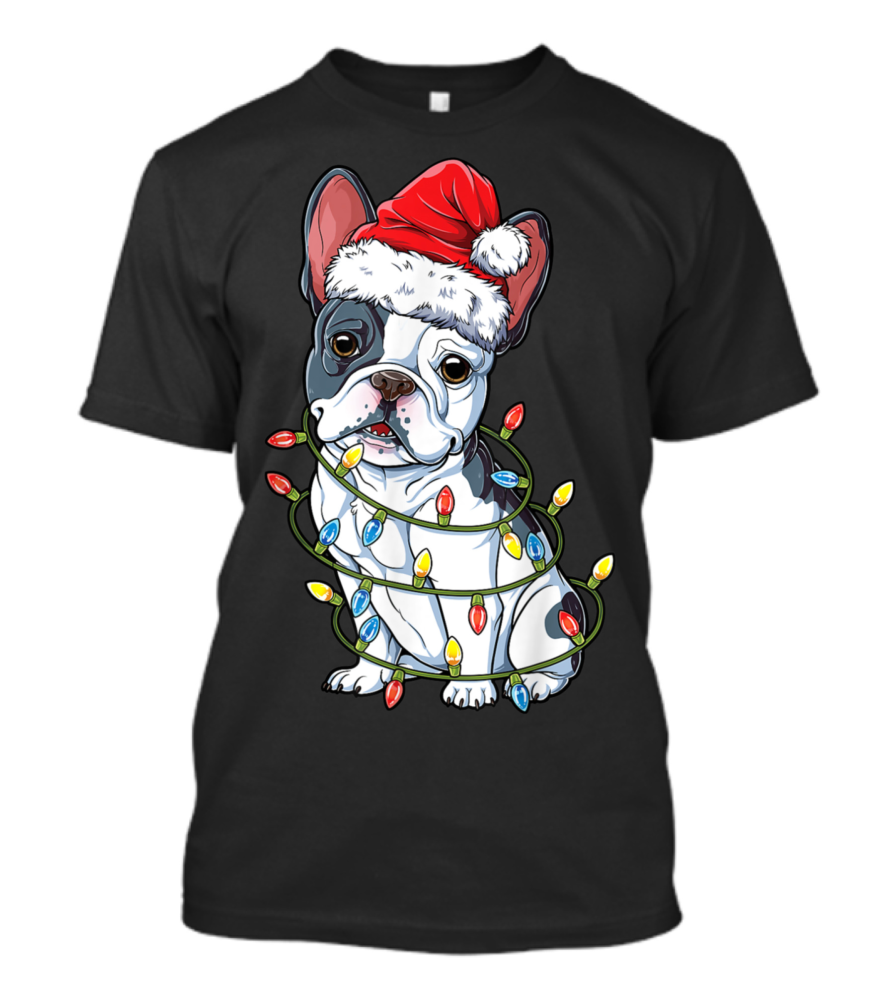 French Bulldog Santa Wrapped In Christmas Tree Lights T-Shirt