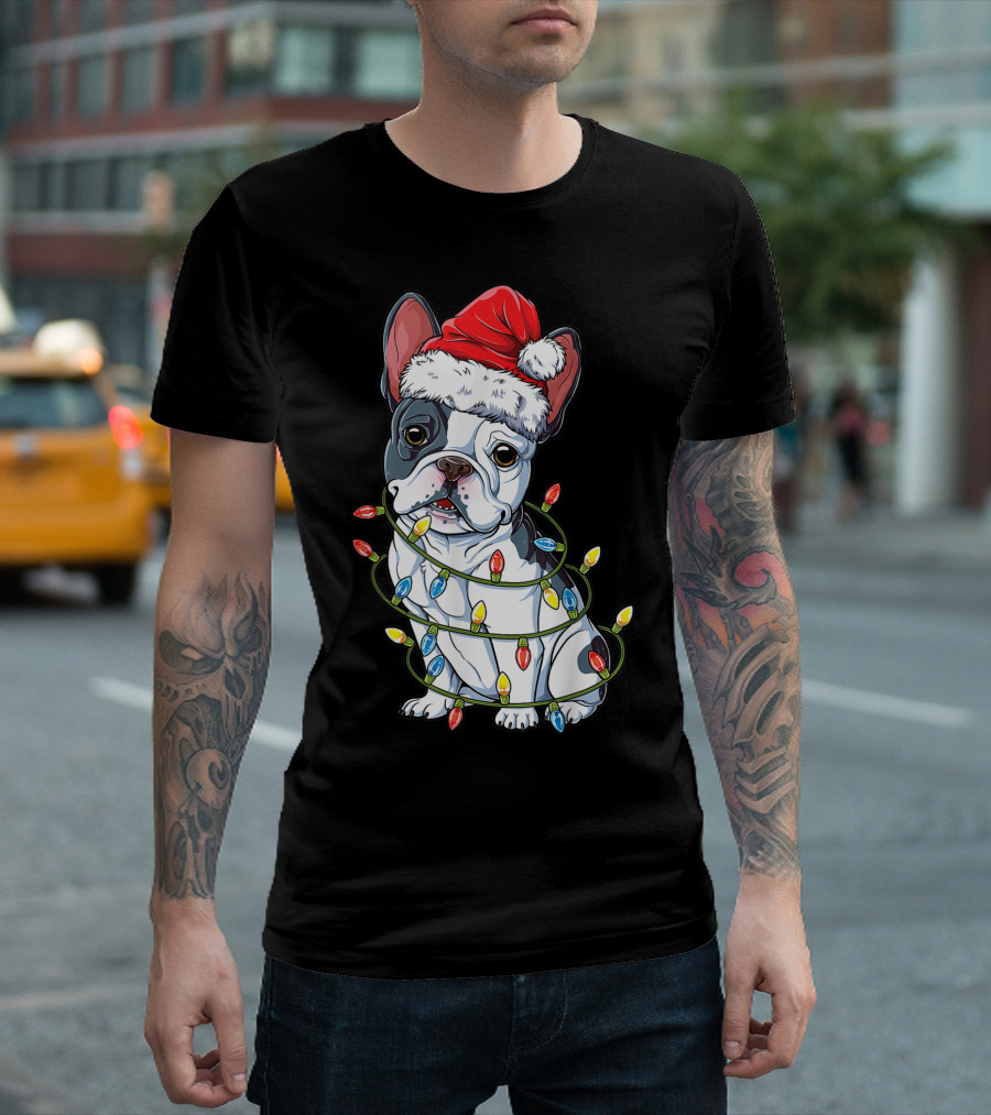 French Bulldog Santa Wrapped In Christmas Tree Lights T-Shirt
