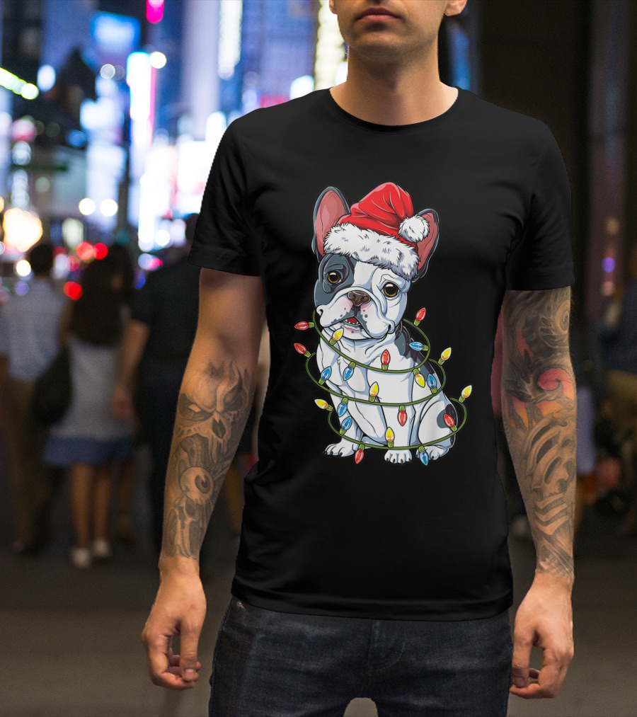 French Bulldog Santa Wrapped In Christmas Tree Lights T-Shirt