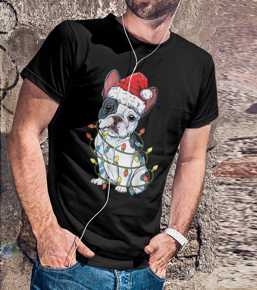 French Bulldog Santa Wrapped In Christmas Tree Lights T-Shirt