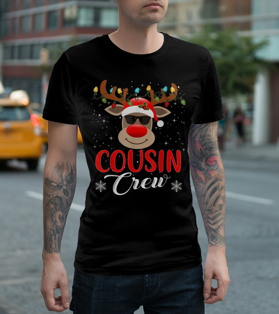 Cousin Crew Funny Christmas Reindeer Santa Hat Lights T-Shirt