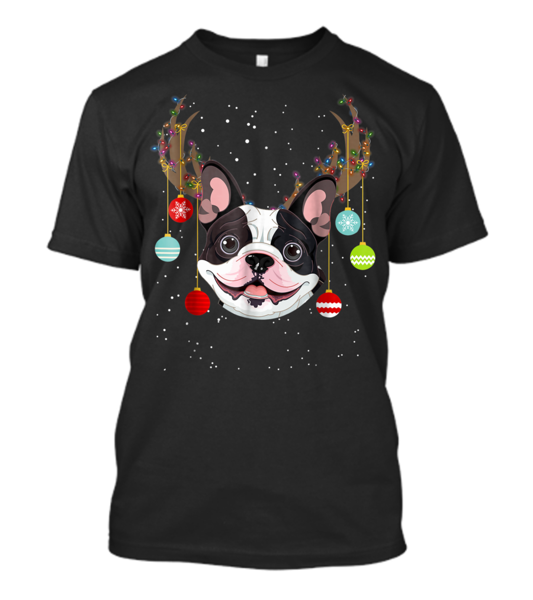 Funny Cute Dog Frenchie With Christmas Antlers And Ornaments T-Shirt