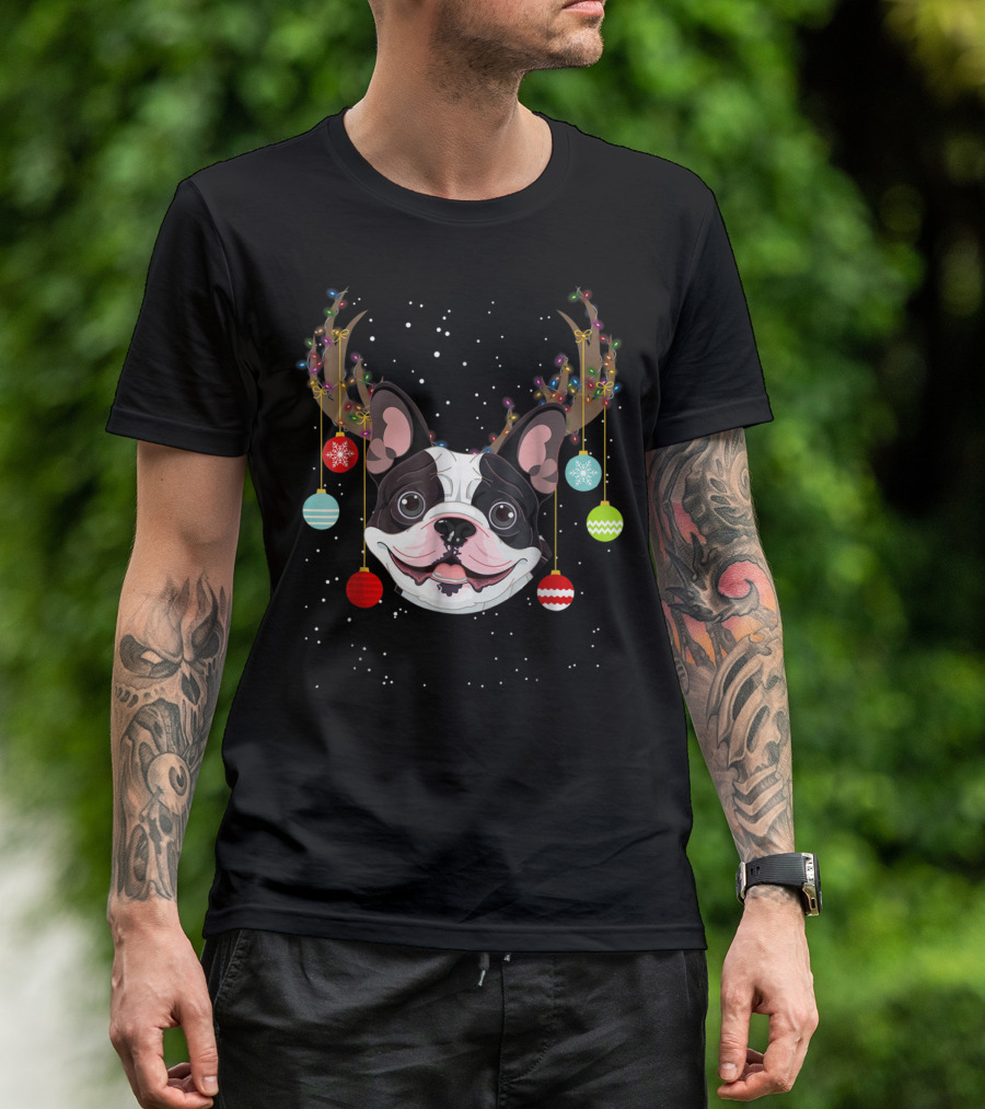Funny Cute Dog Frenchie With Christmas Antlers And Ornaments T-Shirt