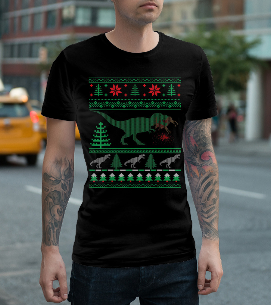 Funny Dinosaur T-Rex Eating Reindeer Christmas Ugly T-Shirt