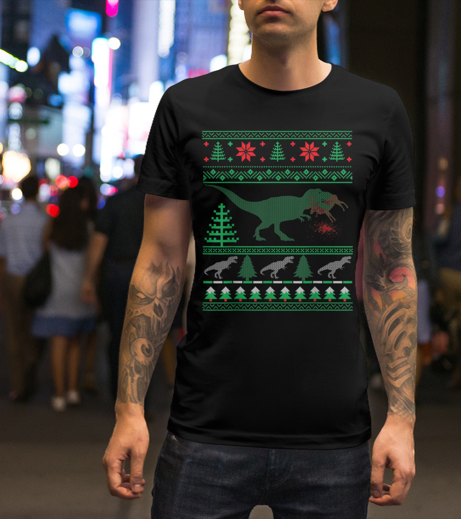 Funny Dinosaur T-Rex Eating Reindeer Christmas Ugly T-Shirt