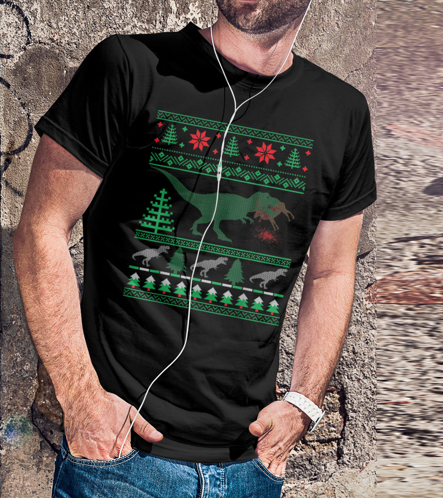 Funny Dinosaur T-Rex Eating Reindeer Christmas Ugly T-Shirt