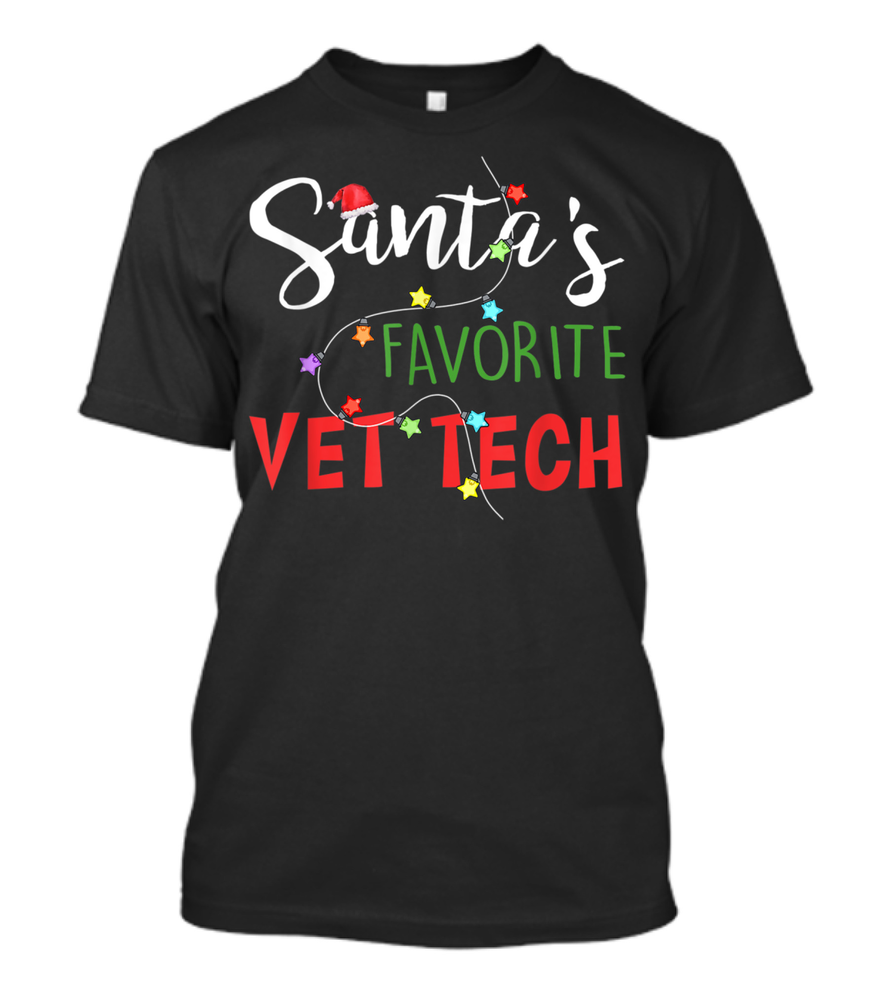Santa's Favorite Vet Tech Festive Holiday Lights And Stars T-Shirt