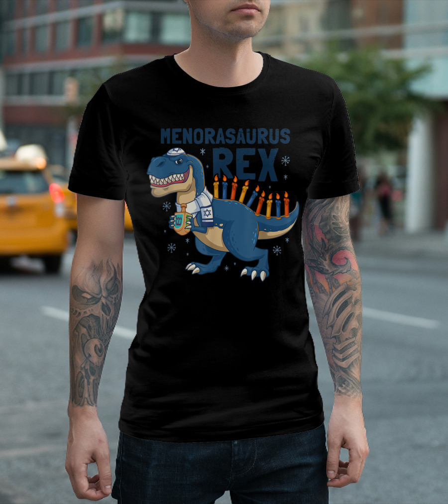 Menorasaurus Rex Dinosaur Hanukkah Candles Jewish Star T-Rex T-Shirt