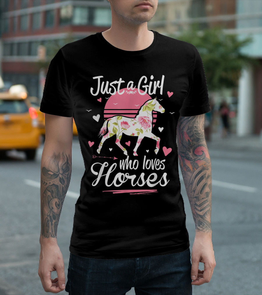 Just a Girl Who Loves Horses Pink Floral Heart T-Shirt