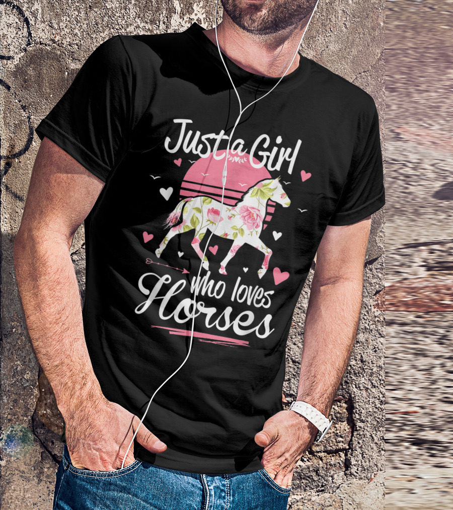 Just A Girl Who Loves Horses Pink Floral Heart T-Shirt