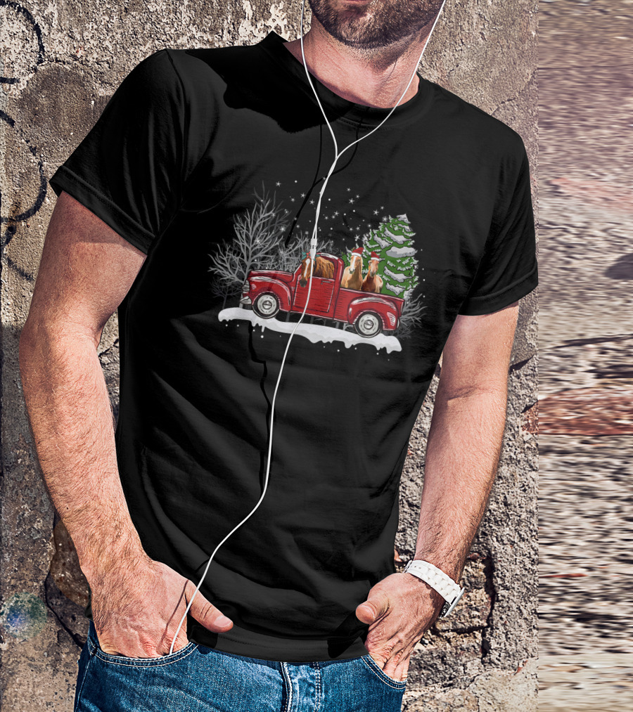 Horse With Noel Hat Xmas Presents Tree Red Truck Winter Scene T-Shirt