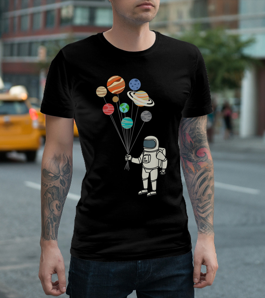Astronaut Holding Planets Balloons Funny Solar Space T-Shirt