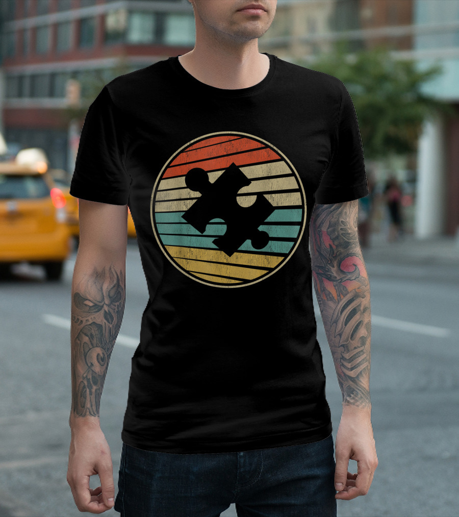 Autism Awareness Puzzle Piece Retro 80S Style Vintage Stripes T-Shirt