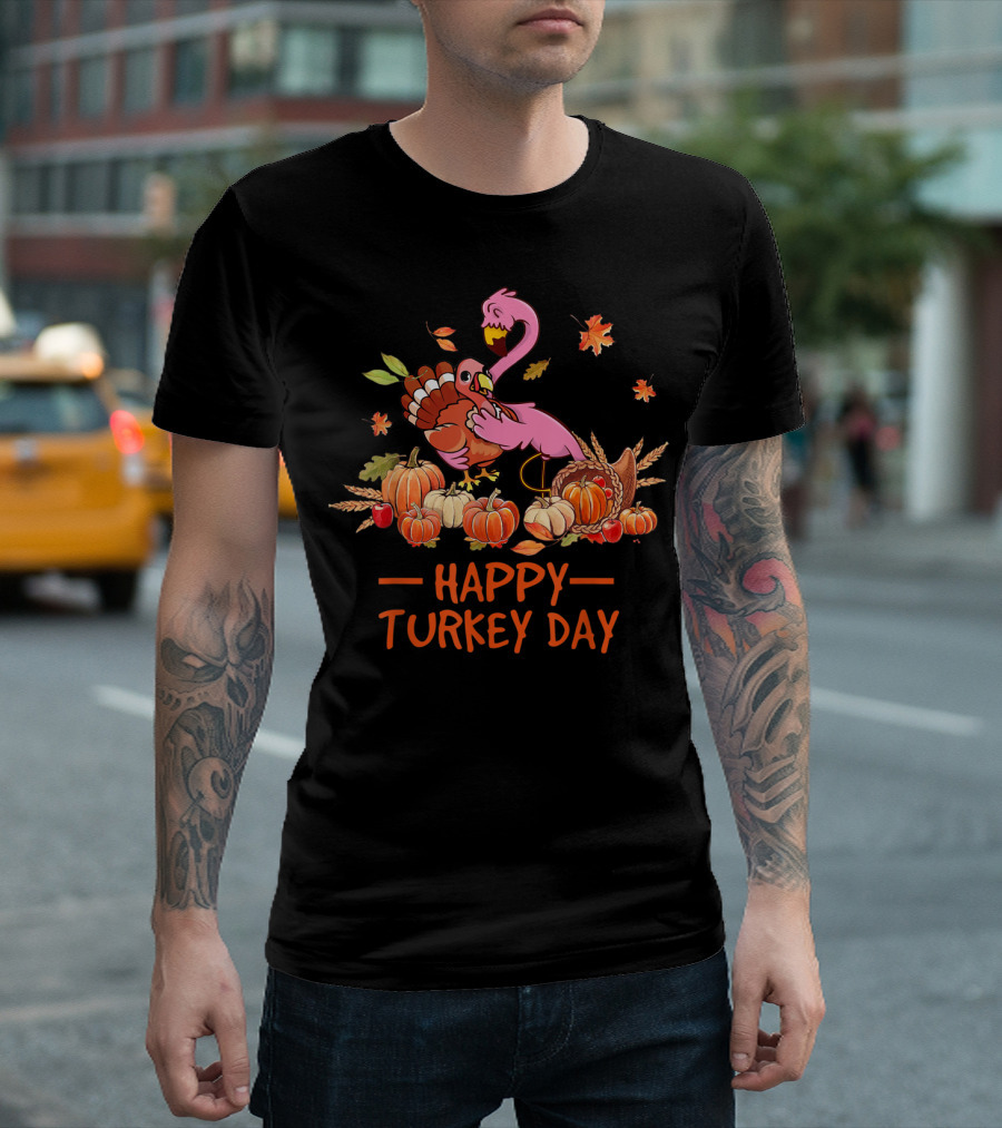 Happy Turkey Day Cute Flamingo Hugging Turkey with Pumpkins and Leaves T-Shirt