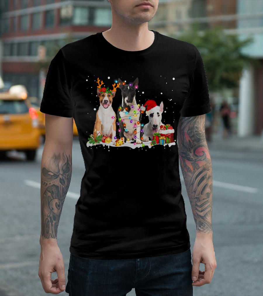 Funny Bull Terrier Christmas Reindeer Lights with Santa Hat and Holiday Gifts T-Shirt