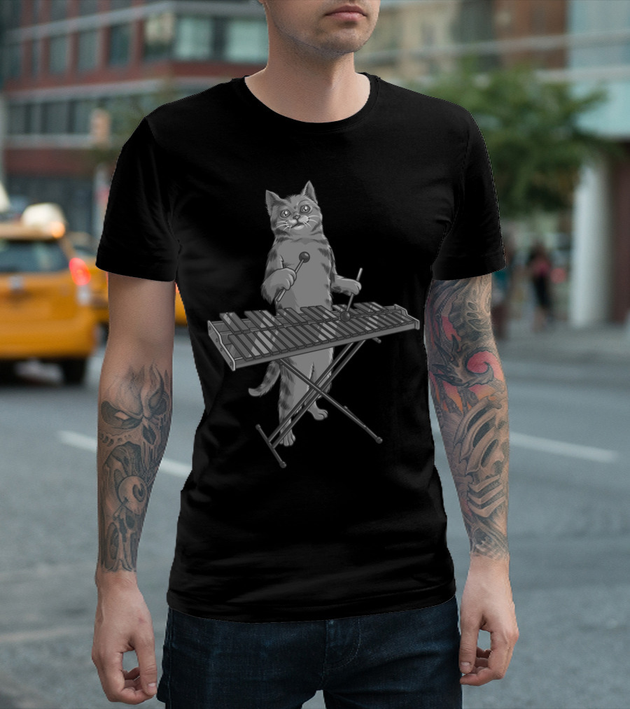 Funny Cat Musician Playing Marimba Cool Animal T-Shirt