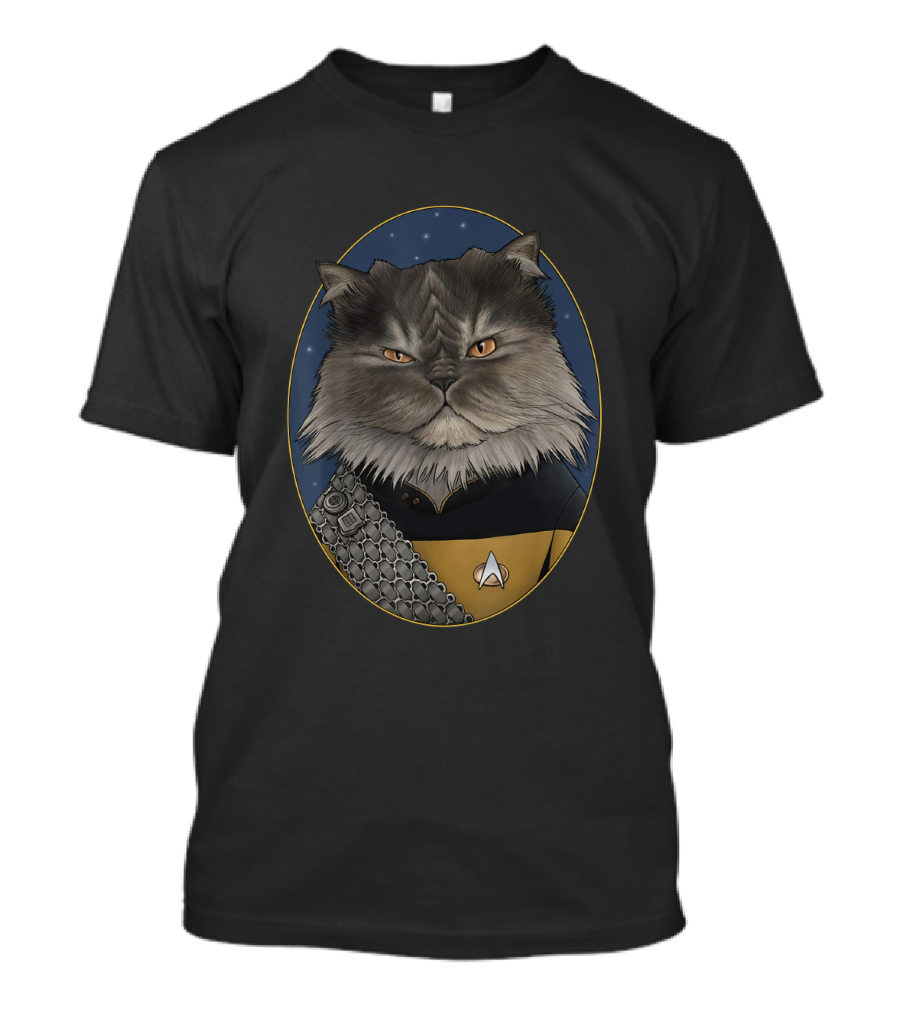 Star Trek Worf Cat In Starfleet Uniform With Klingon Sash And Emblem T-Shirt