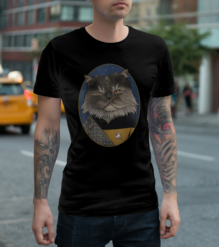 Star Trek Worf Cat in Starfleet Uniform with Klingon Sash and Emblem T-Shirt