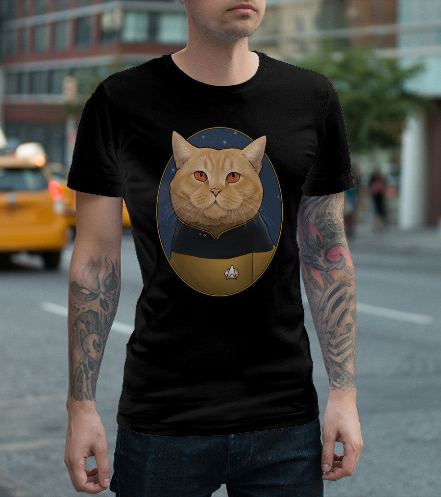 Star Trek O'Brien Cat in Uniform with Starry Background T-Shirt