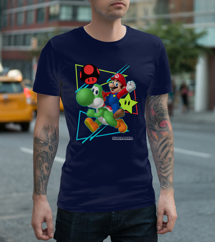 Super Mario Yoshi Adventure With Red Mushroom And Star T-Shirt