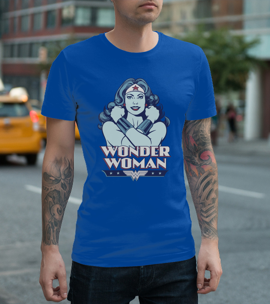 WONDER WOMAN Retro Blue Crossover Illustration with Star Headband and Arm Bracelets T-Shirt
