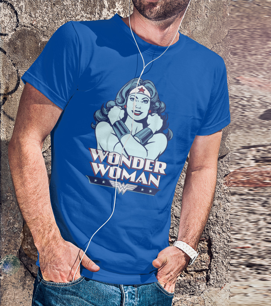 WONDER WOMAN Retro Blue Crossover Illustration With Star Headband And Arm Bracelets T-Shirt