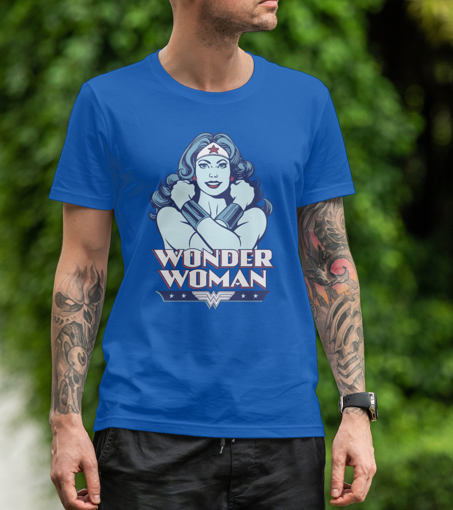 WONDER WOMAN Retro Blue Crossover Illustration With Star Headband And Arm Bracelets T-Shirt