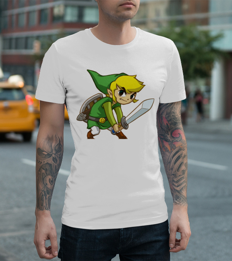The Legend of Zelda Link Holding Sword in Green Tunic and Hat T-Shirt